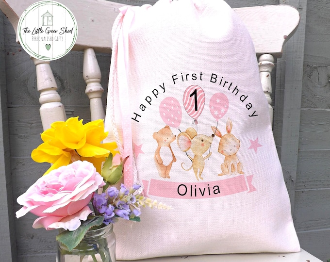 Personalised 1st Birthday Gift Bag: Woodland Animals Linen Drawstring Bag
