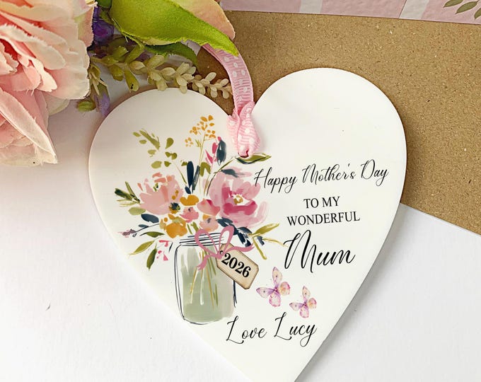 Mother’s Day Keepsake Heart for Mum  – Mum Gift from Daughter Son – Floral Hanging Ornament – Thank You Mum Keepsake – Free Organza Gift Bag
