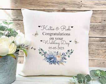 Personalised Wedding Cushion, Mr & Mrs Couples Gift, Blue Floral Design Keepsake