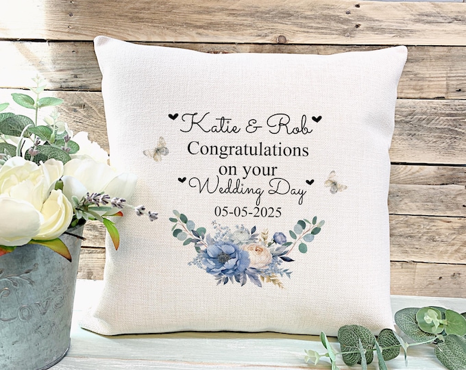 Personalised Wedding Cushion Congratulations Bride And Groom Gift Wedding Day Gift Blue Floral Cushion Wedding Keepsake