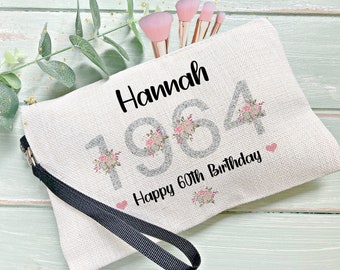 60th Birthday  Gift, Any Year Gift, Personalised Make Up Bag, Gift for her, Travel Bag, Pill Bag, Cosmetic Bag, Floral Make Up Bag,