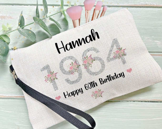 60th Birthday  Gift, Any Year Gift, Personalised Make Up Bag, Gift for her, Travel Bag, Pill Bag, Cosmetic Bag, Floral Make Up Bag,