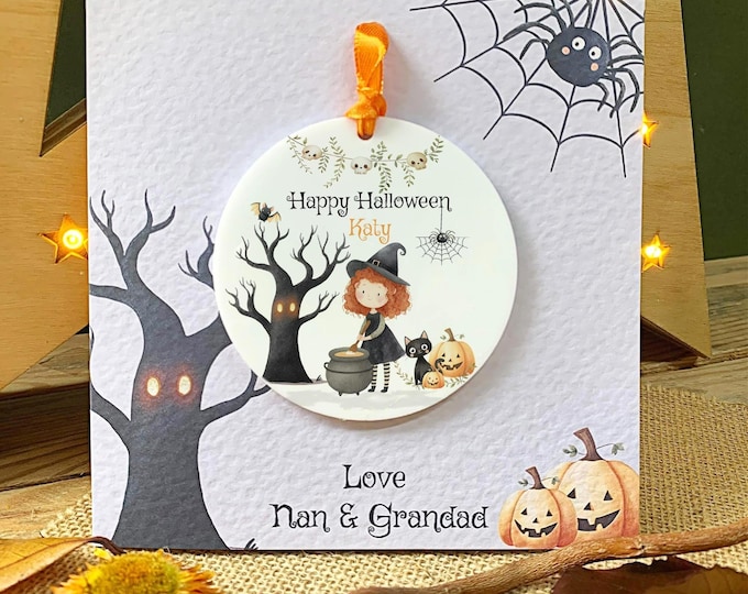 Personalised Children's Halloween Card, Spooky Witch And Pumpkin Acrylic Keepsake