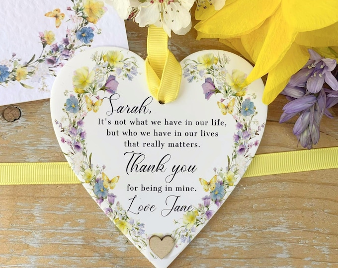 Personalised Friendship Gift for Her, Custom Spring Floral Acrylic Heart, Thank You Keepsake, Colleague Leaving Present, Best Friend Gift