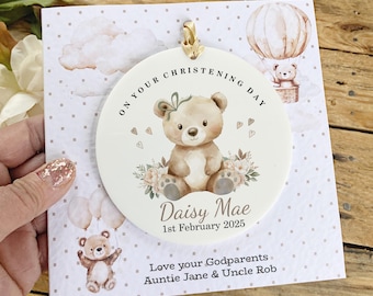 Personalised Christening Keepsake Card: Bear & Floral Hanging Disc