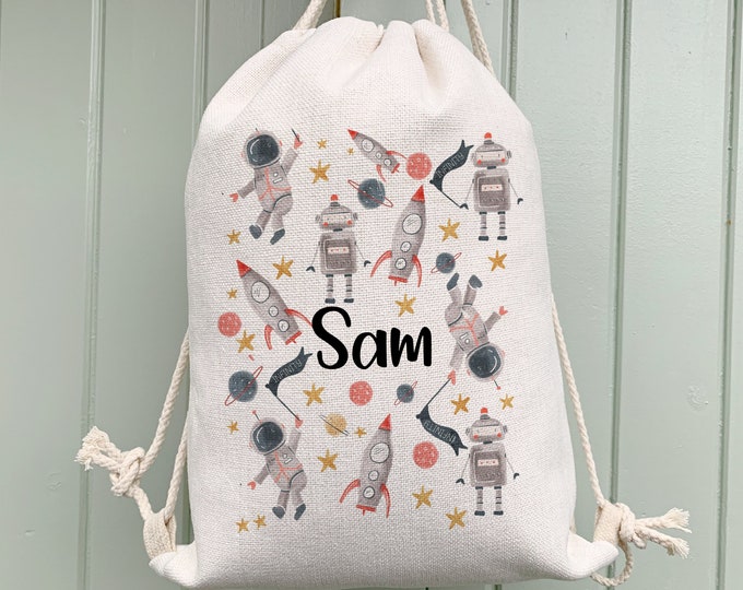 Personalised  Children's School Bag  - Drawstring Bag - Kids Bag - Boys Bag - Sports Bag - Swimming Bag -  Back To School Bag - Space Bag