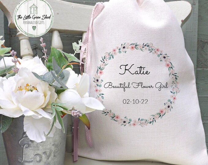 Personalised Flower Girl Gift Bag, Gift For Her, Luxury Linen Bag, Bridesmaid, Maid Of Honour Gift, Drawstring Bag,
