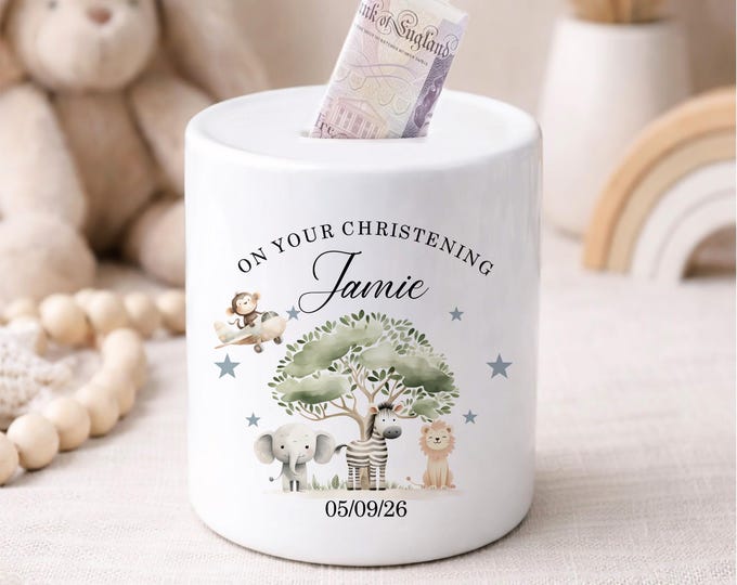 Personalised Christening Money Box, Ceramic Jungle Theme Money Box, Grandson Granddaughter Godson Goddaughter Piggy Bank, Christening Gifts,