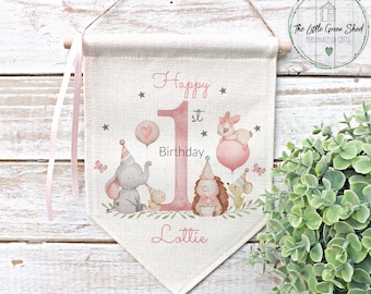 Personalised Baby 1st Birthday Flag, Woodland Animals Keepsake Decoration