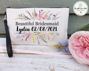 Personalised Bridesmaid Makeup Bag: Wildflower Linen Cosmetic Pouch
