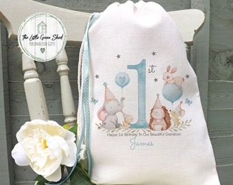 Personalised 1st Birthday Linen Gift Bag: Baby Animals Design (30x40cm)