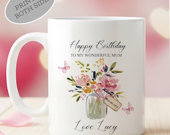 Personalised Floral Birthday Mug for Mum, Ceramic Keepsake Coffee Cup