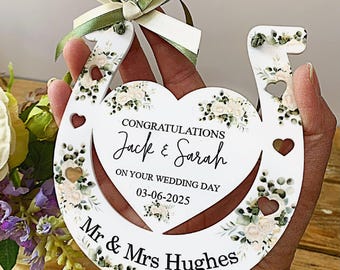 Personalised Good Luck Wedding Horseshoe Wedding Decoration  Mr & Mrs Wedding Present Cream Roses And Green Foliage Free Organza Giftbag