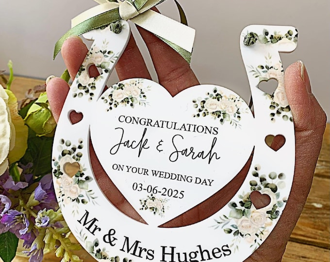 Personalised Good Luck Wedding Horseshoe Wedding Decoration  Mr & Mrs Wedding Present Cream Roses And Green Foliage Free Organza Giftbag