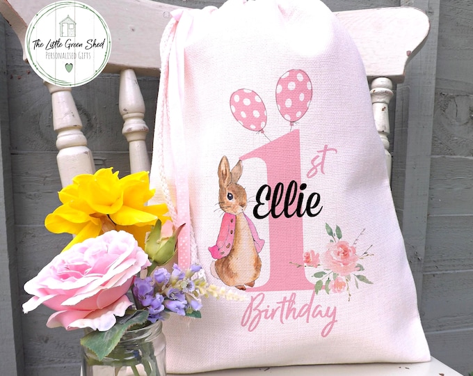 Personalised 1st Birthday Linen Gift Bag: Flopsy Rabbit Design