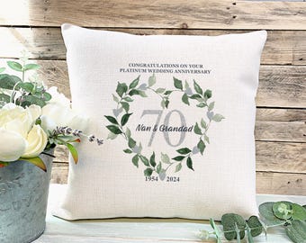Personalised 70th Anniversary Cushion: Platinum Wedding Wreath Gift