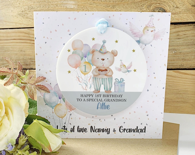 Grandson 1st Birthday Card with Detachable Keepsake, Bear Design First Birthday Keepsake Card from Grandparents, Any Age Birthday Gift