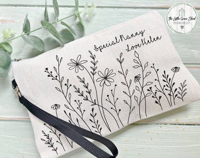 Personalised Make Up Bag, Nanny's Make Up Bag, Cosmetic Bag, Wild flowers Make Up Bag, Birthday Gift,