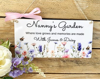Personalised Nanny's Garden Sign: Wildflower & Bee Acrylic Garden Decor