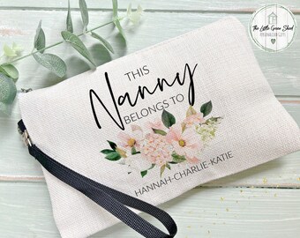 Personalised Nanny Makeup Bag: Pink Floral Linen Cosmetic Pouch