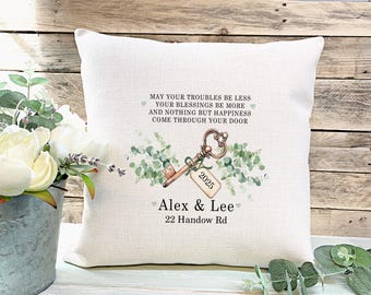 Personalised New Home Cushion: Sage Green Foliage Key, Housewarming Gift