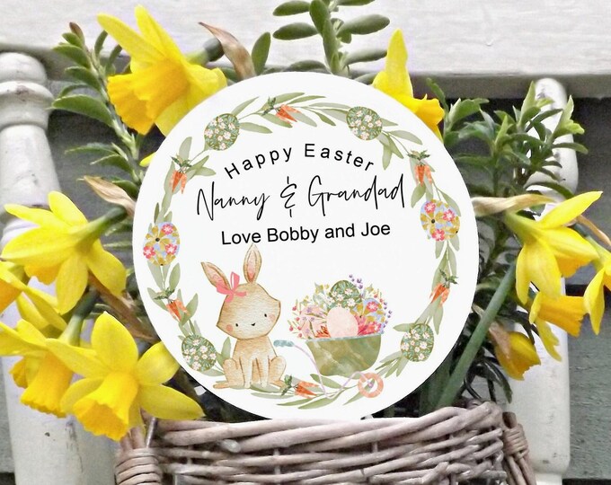 Personalised Easter Flower Pick, Nanny Grandad Plant Tag, White Acrylic Stake
