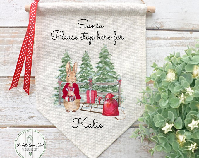 Santa Stop Here Sign, Peter Rabbit Flag, Christmas Decoration, Christmas Door Sign