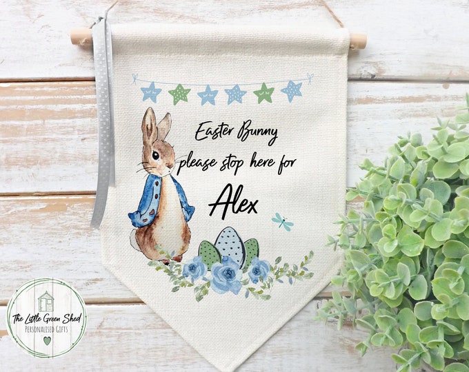 Personalised Easter Sign, Linen Flag, Easter Bunny Stop Here