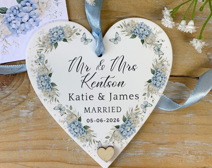 Personalised Wedding Gift, Wedding Day Gift, Newlyweds Gift, Wedding Keepsake,Mr And Mrs Gift, Dusty Blue Hanging Heart, Acrylic Keepsake,