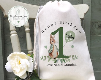 Personalised 1st Birthday Linen Gift Bag: Rabbit Drawstring Bag (30x40cm)