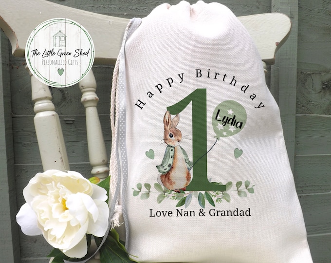 Personalised Birthday Gift Bag, 1st Birthday Gift Bag, Luxury Linen Bag, Kids Birthday Drawstring Bag, Rabbit Gift Bag Med Size 30x40cm