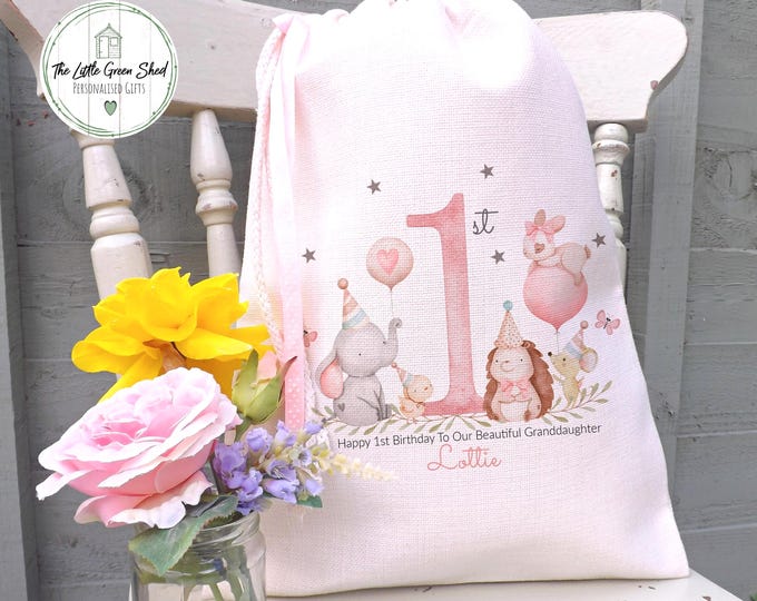Personalised 1st Birthday Gift Bag, Cream Bag with pink Baby Animals, Grandaughter Giftbag, Daughter Bag, Small Drawstring Bag (30x40cm)