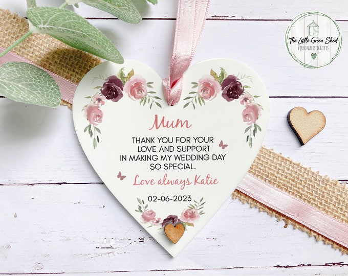 Mum Thank You Wedding Gift – Heart Acrylic Keepsake with Floral Design – Mother of the Bride or Groom – Sentimental Wedding Plaque