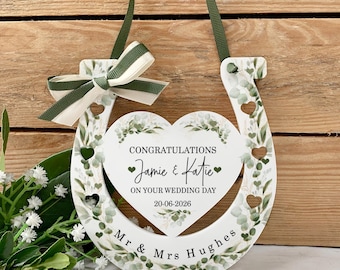 Personalised Wedding Horseshoe, Botanical Greenery, Good Luck Mr & Mrs Gift