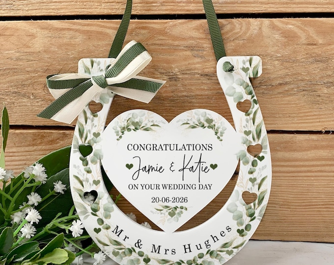 Personalised Good Luck Wedding Horseshoe, Wedding Decoration, Mr & Mrs Wedding Present. Eucalyptus Greenery, Newlywed Gift, Free Giftbag