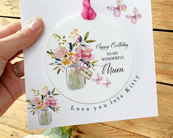 Personalised Mum Card Birthday Card Mothers Day Gift Floral Card for Her Acrylic Keepsake Gift for Grandparent, Mum Any Relation