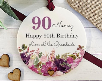Personalised Happy 90th Birthday Gift, Gifts for Her, Birthday Gift For Nanny Grandma Mum, 90th Birthday Plaque, Purple Floral 90th Gift
