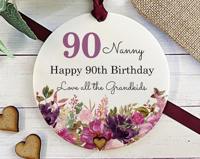 Personalised Happy 90th Birthday Gift, Gifts for Her, Birthday Gift For Nanny Grandma Mum, 90th Birthday Plaque, Purple Floral 90th Gift