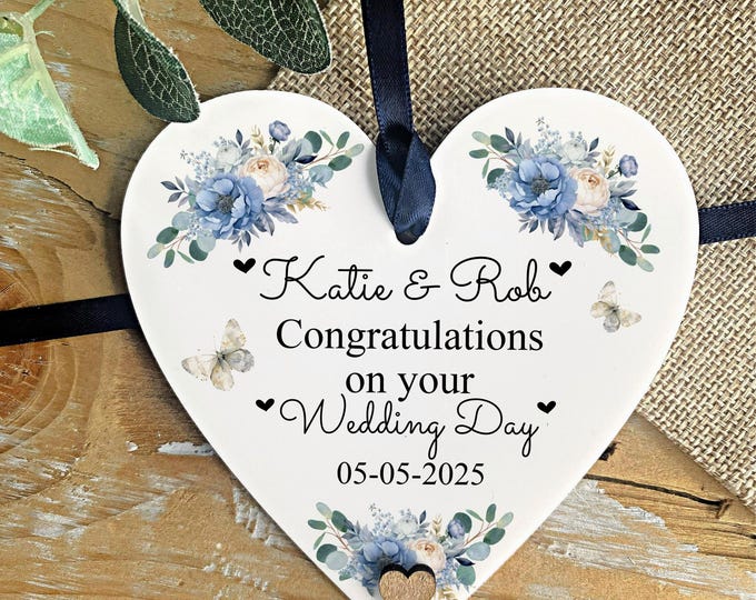 Personalised Wedding Gift Congratulations Bride And Groom Gift Wedding Day Gift Blue Floral Hanging heart Ornament Wedding Keepsake