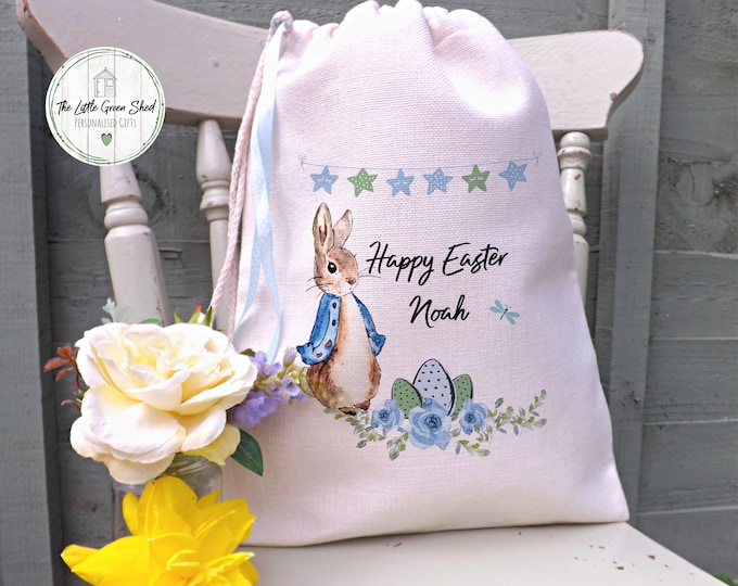 Personalised Easter Gift Bag, Easter Gift For Kids, Egg Hunt Drawstring Bag, Luxury Linen, Med Size 30x40cm