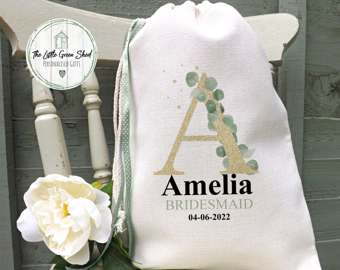 Bridesmaid Gift, Personalised Drawstring Bag, Luxury Linen, Flower Girl Gift Bag, Maid Of Honour Gift, Med Size 30x40cm