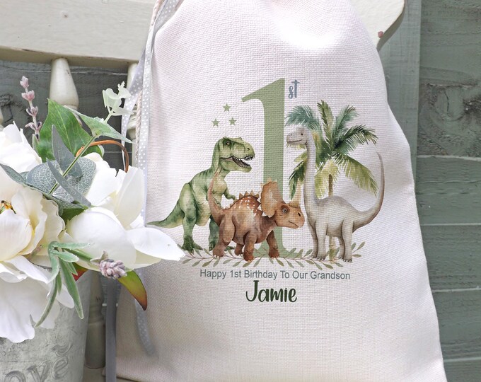 1st Birthday Dinosaur Themed Birthday Gift, First Birthday Drawstring Bag, Any Age Dinosaur Bag, Son Nephew Grandson Giftbag, 30x40cm