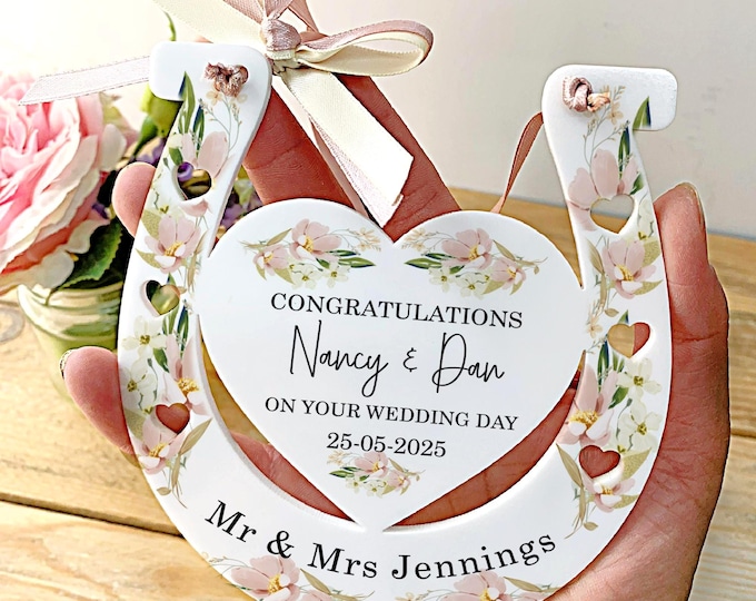 Personalised Good Luck Wedding Horseshoe Wedding Decoration Mr & Mrs Wedding Present Pink Flowers And Green Foliage Free Organza Giftbag
