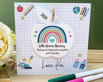 Personalised Teacher Thank You Card Acrylic School Nursery Gift Thank You Teacher End of Term Card with Apple Rainbow Keepsake