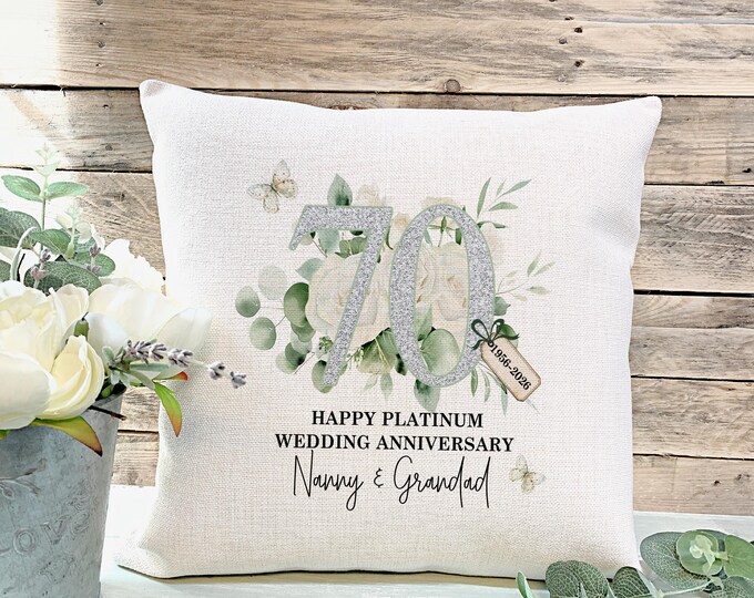 Personalised Platinum 70th Wedding Anniversary Cushion, 70 Years Married, Anniversary Milestone, Gift for Parents, Grandparents