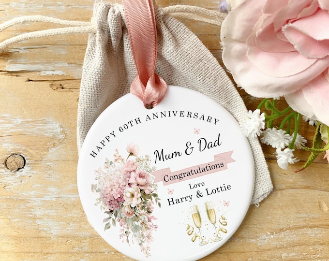 Diamond Wedding Anniversary Ceramic Keepsake, 60th Anniversary Decoration, Dusty pink  Anniversary Gift, 60 Years married, Free Giftbag