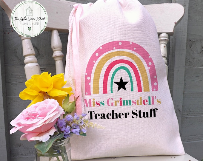 Teacher Drawstring Bag, Teacher Giftbag, Personalised Teacher Gift, Luxury Linen Bag, Med Size 30x40cm
