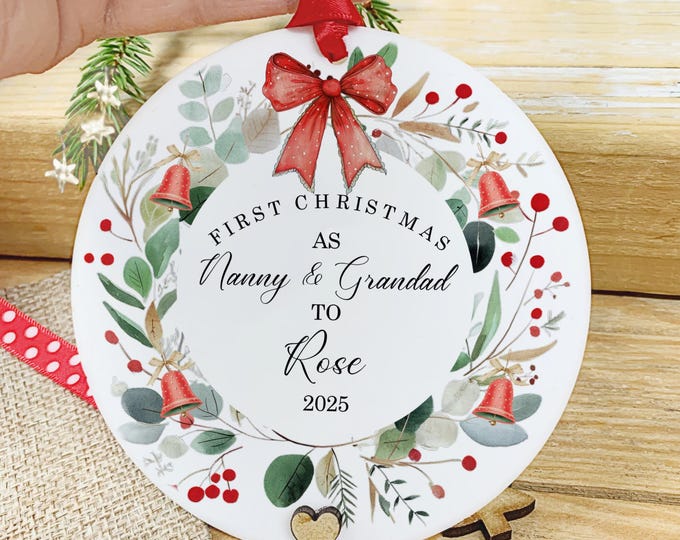 Grandparents 1st Christmas Bauble, Personalised 1st Christmas as New Nanny & Grandad Keepsake, Acrylic Decoration