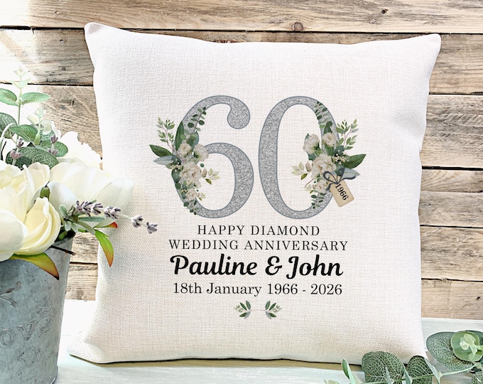 Personalised Grandparents 60th Anniversary Cushion, Diamond Gift for Parents, 60 Years Married Keepsake, Diamond Anniversary Pillow