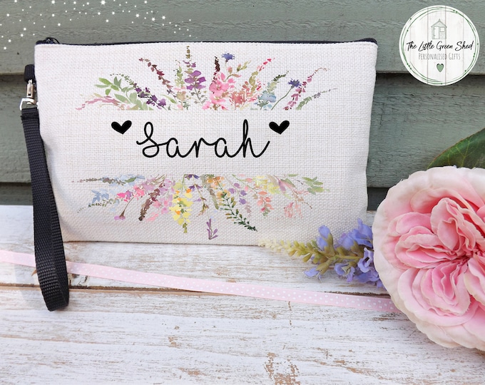 Birthday Gift, Personalised Make up Bag, Travel Bag, Friend,Mum,Auntie,Sister Keepsake Wildflower Design